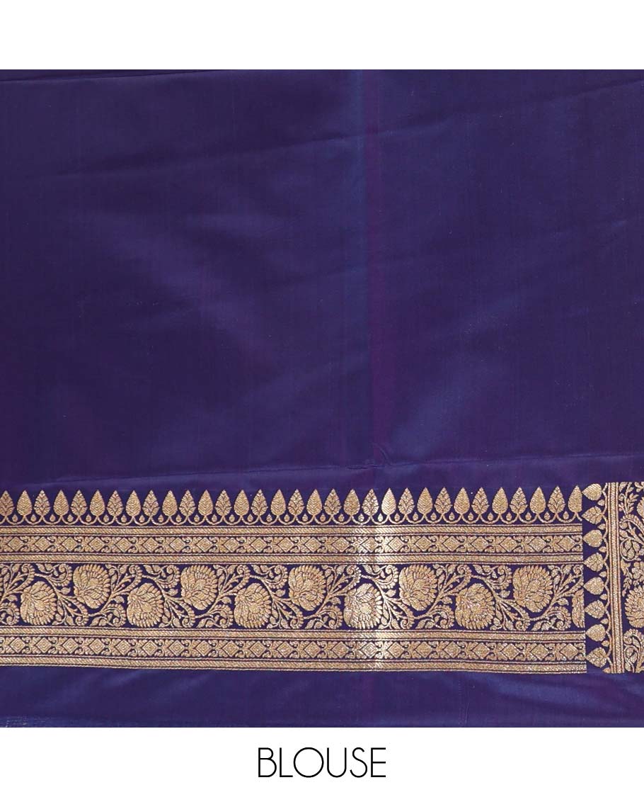 Dark blue semi banaras nylon saree with self floral design border & floral design pallu