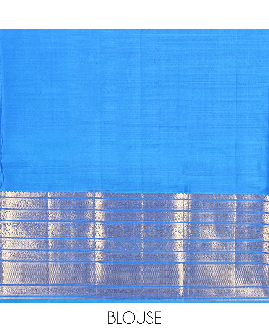 Blue Dual-Tone Kanchipuram Silk Saree, Detailed with Zari Buttas All Over Its Body, Complemented by a Contrast Border of Thilakam Mokku, Kodi Visiry, Mayil, and Kuyil Kann Designs, Grand Pallu of Kodi Visiry Designs, and Paired with a Contrast Blouse