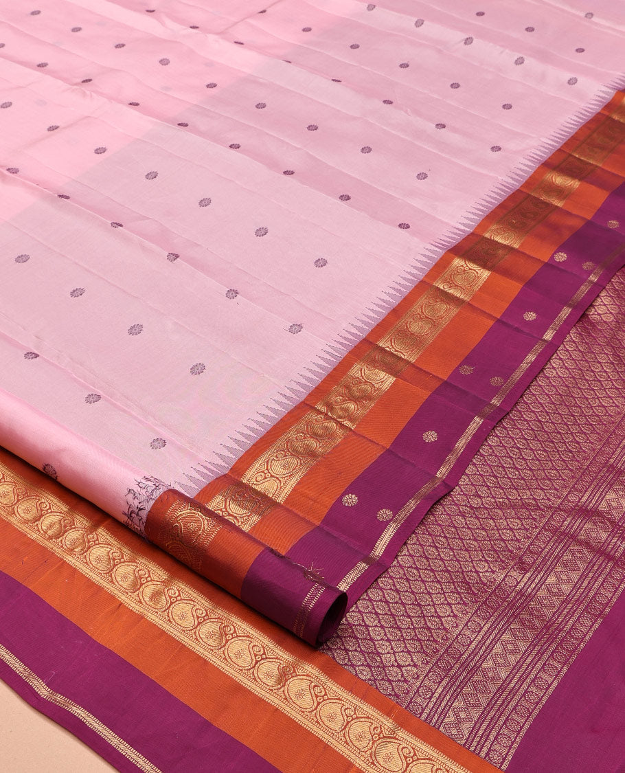 Pink Vasundhara Lite Silk Mix Saree, Woven with Buttas, a Contrast Border of Thazampoo Rekku, Banaras, Muthu, and Manga Designs, Grand Pallu, and a Contrast Blouse