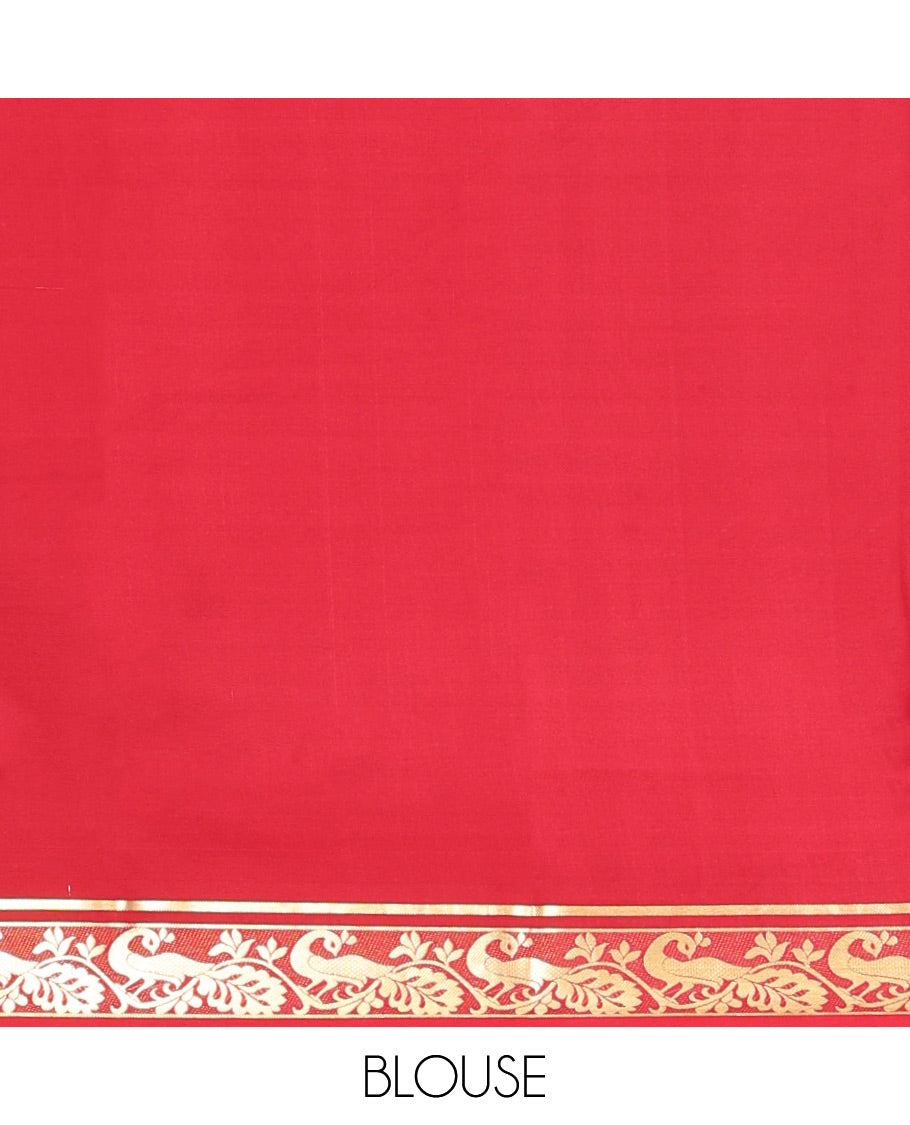 Red Plain Mysore Silk Saree, Finely Detailed with Traditional Zari Border of Peacock Designs, Pallu Woven with Zari Stripes, and Paired with a Matching Blouse