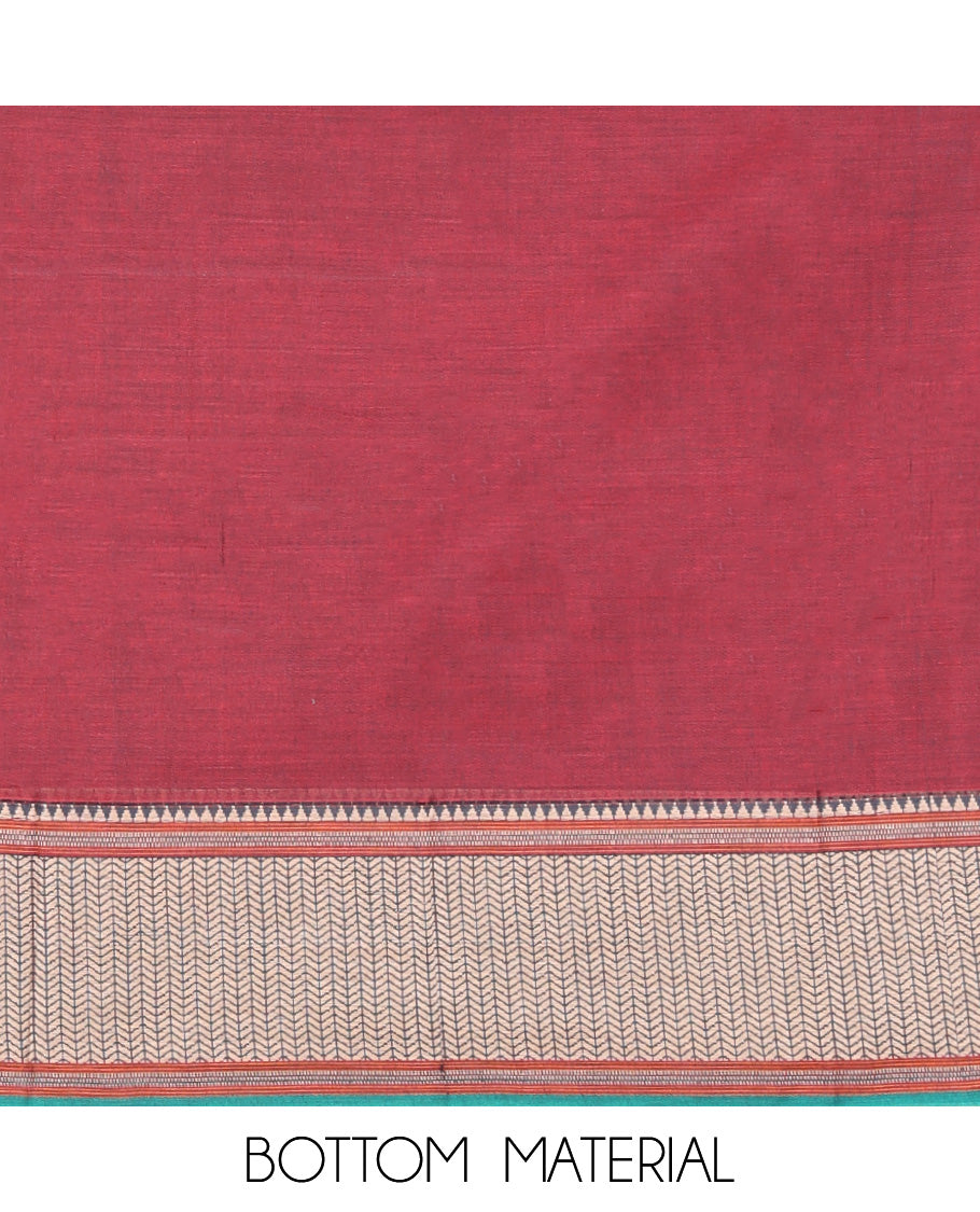 Maroon Mercerised Cotton Material Churidar Features Plain Top, Contrast Traditional Thread Border, Plain Bottom, Matching Dupatta