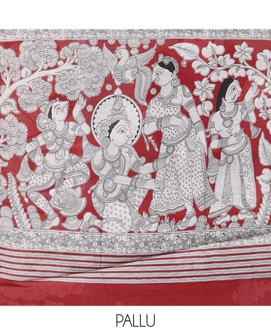Black Chanderi Cotton Saree, Accentuated with Kalamkari Print, a Contrast Zari Border, Kalamkari Pallu, a Contrast Blouse