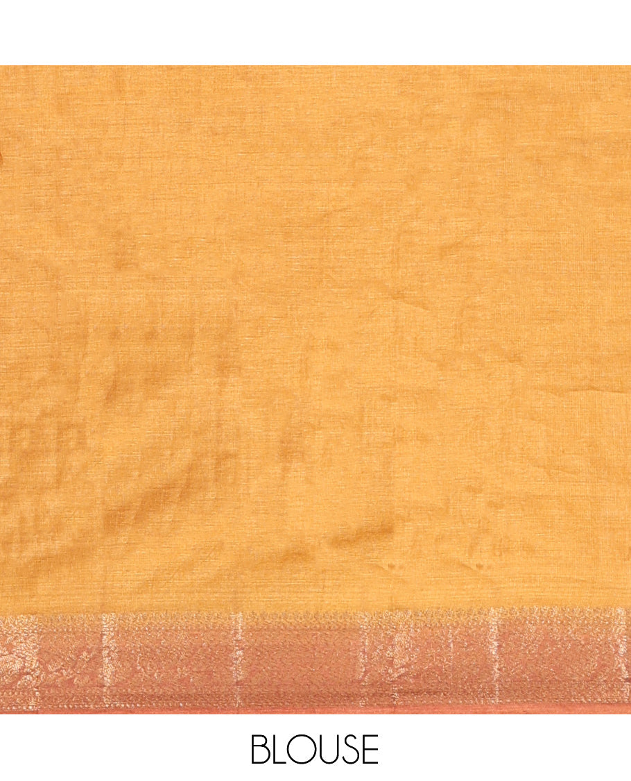 Yellow-Orange Tussar Silk Saree, Subtly Sparkled with Zari Buttas, Highlighted by a Zari Border, Floral Design Pallu, and a Matching Blouse
