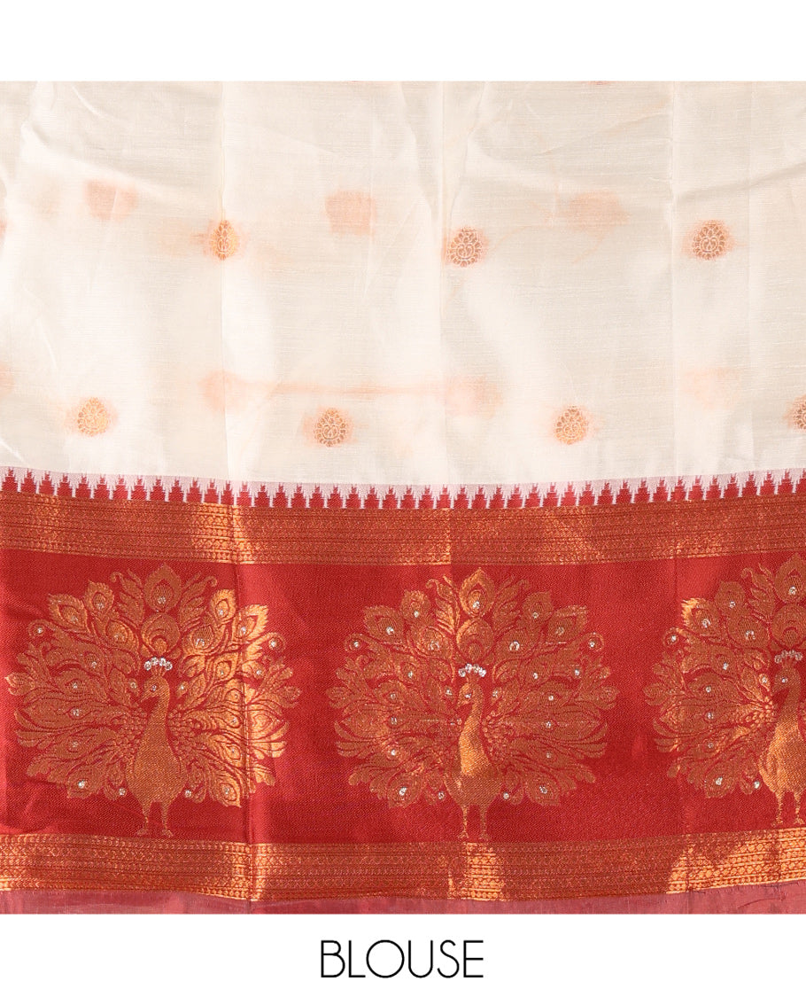 Cream-Maroon Semi-Silk Half-Saree
