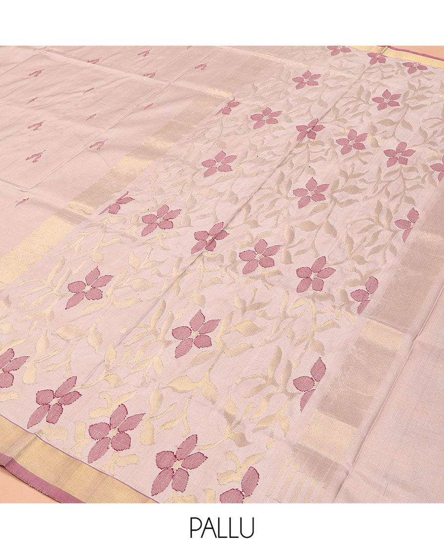 Light Sandal Uppada Silk Saree, Sparsely Woven with Floral Buttas on Its Body, Highlighted by a Contrast Zari Bavanji Border, Pallu of Floral Designs, and Paired with a Matching Blouse