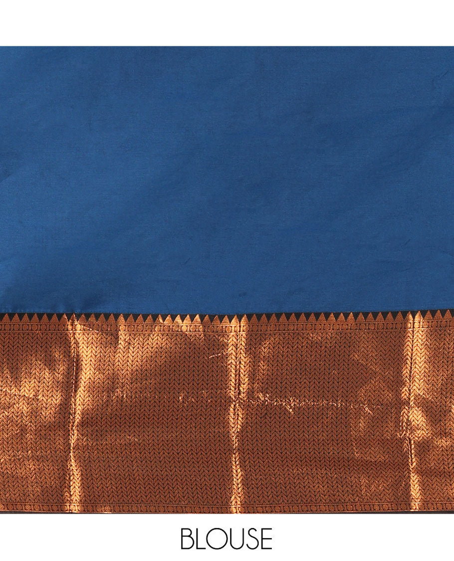 Blue Taffeta Silk Half-Saree Featuring a Plain Skirt, Complemented by a Contrast Traditional Zari Design Border, Paired with a Matching Blouse, and a Georgette Scallop-Bordered Stone Work Dhavani