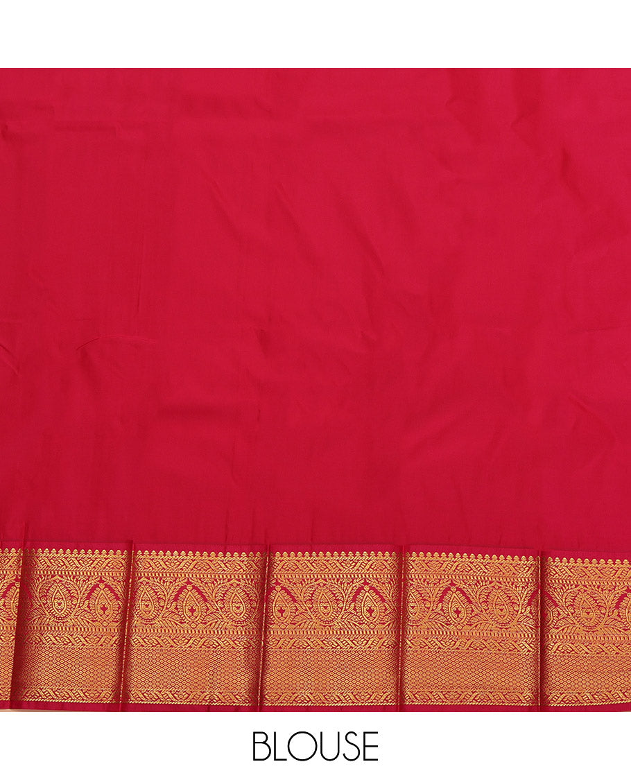 Sandal Budget Silk Saree, Sparsely Sparkled with Zari Buttas, Complemented by Contrast Traditional Zari Border, Grand Pallu, and a Contrast Blouse