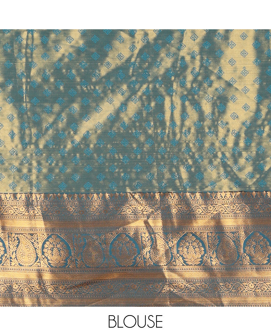 Cream floral buttas banaras half saree with contrast zari design border , zari design blouse & floral zari design dhavani