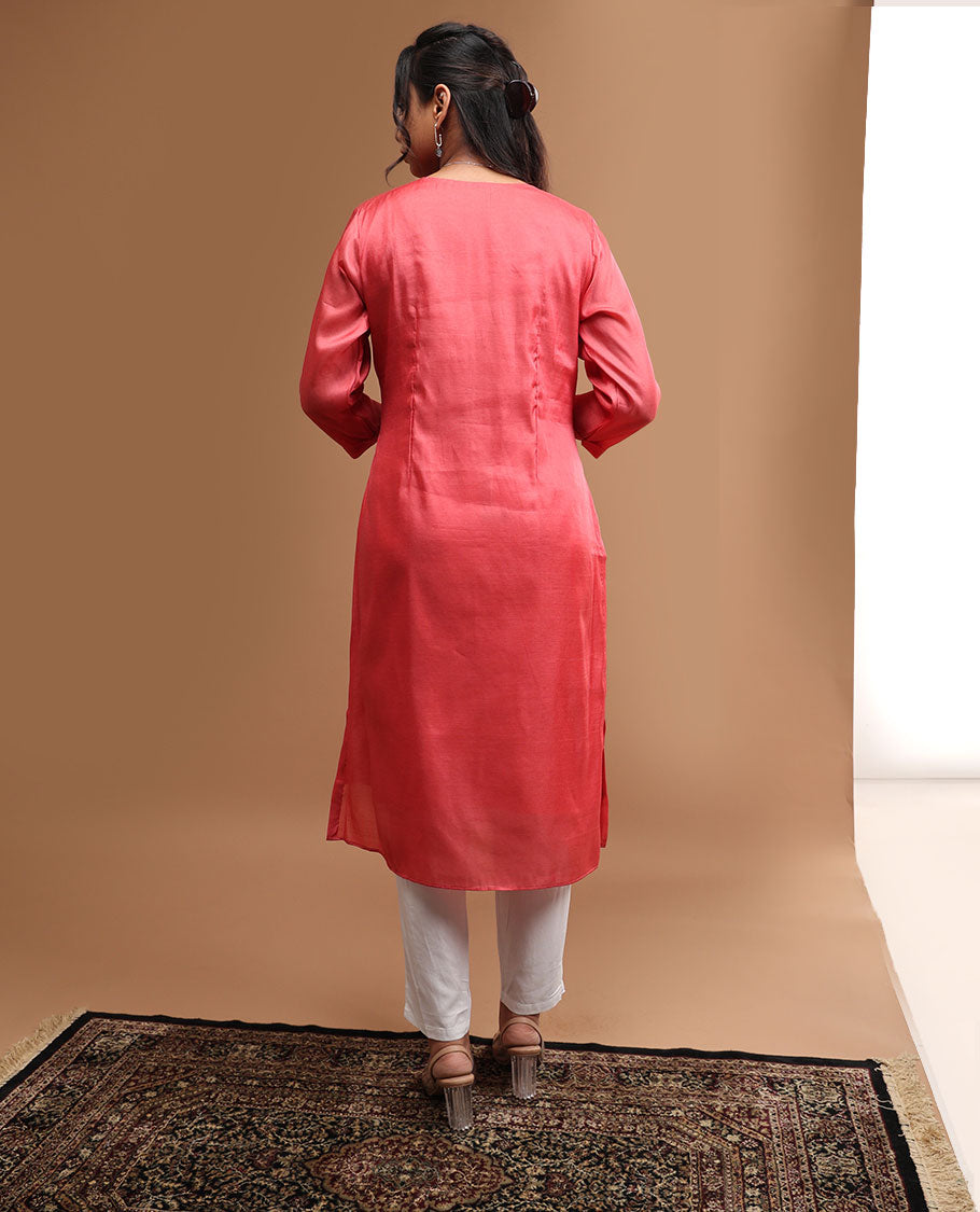 Red embroidery v neck , 3/4 th sleeve , below knee length kurti
