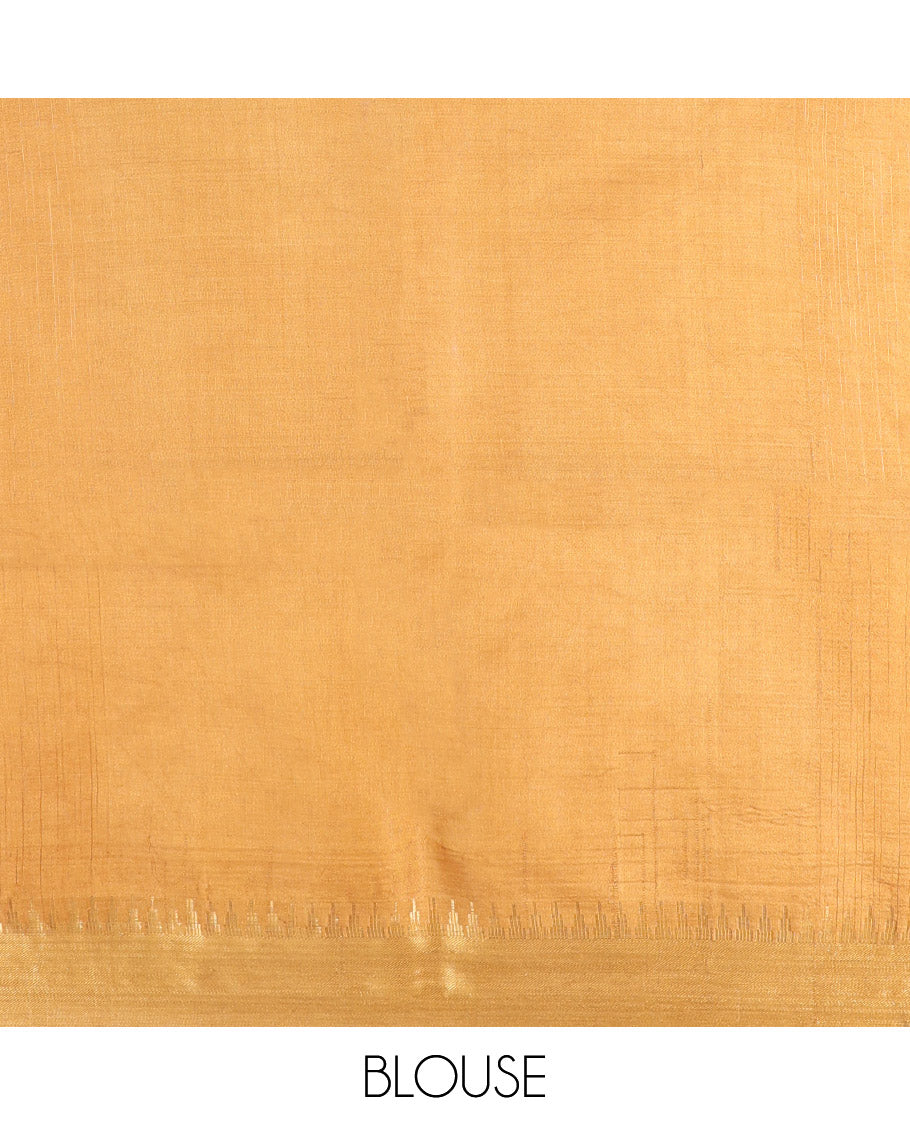 Gold Banana Pith Saree, Sparsely Woven with Buttas, a Zari Temple Border, Striped Pallu, and Matching Blouse