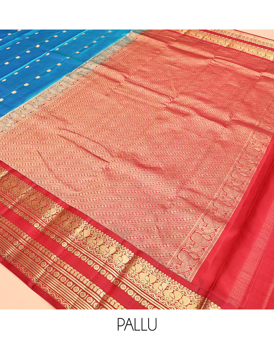 Blue Vasundhara Silk Saree, Crafted with Zari Buttas, Complemented by a Contrast Border of Rekku, Neli, Manga, and Mayil Designs, Intricate Pallu, and a Contrast Blouse