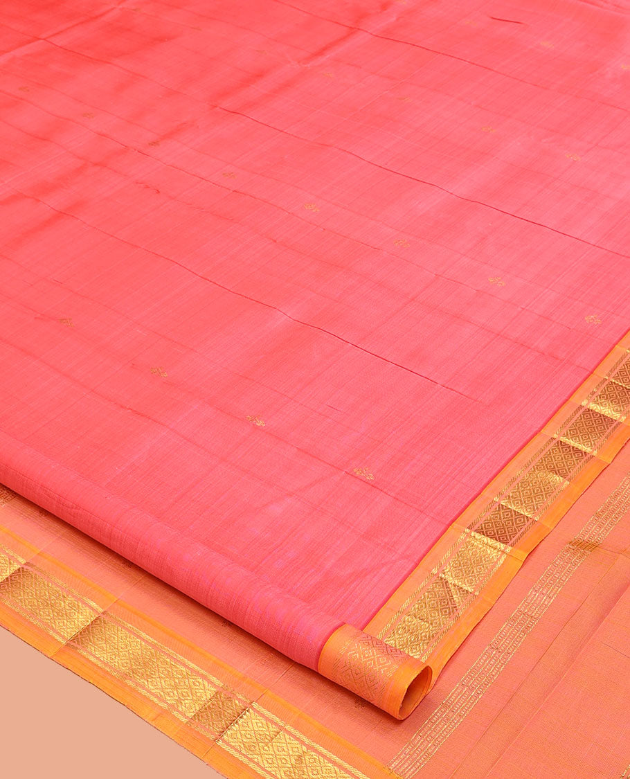 Peach Kanchipuram Silk Saree, Woven with Zari Buttas, a Contrast One-Sided Border of Banaras and Mayil Kann Designs, a Zari Design Pallu, and No Blouse