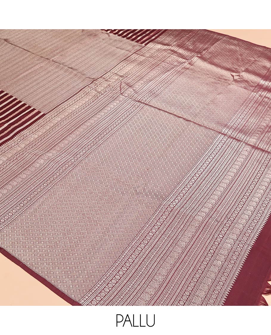 Borderless Brown Vasundhara Silk Saree, Detailed with Vanki and Zari Stripes, Highlighted by a Grand Pallu, and Matching Blouse