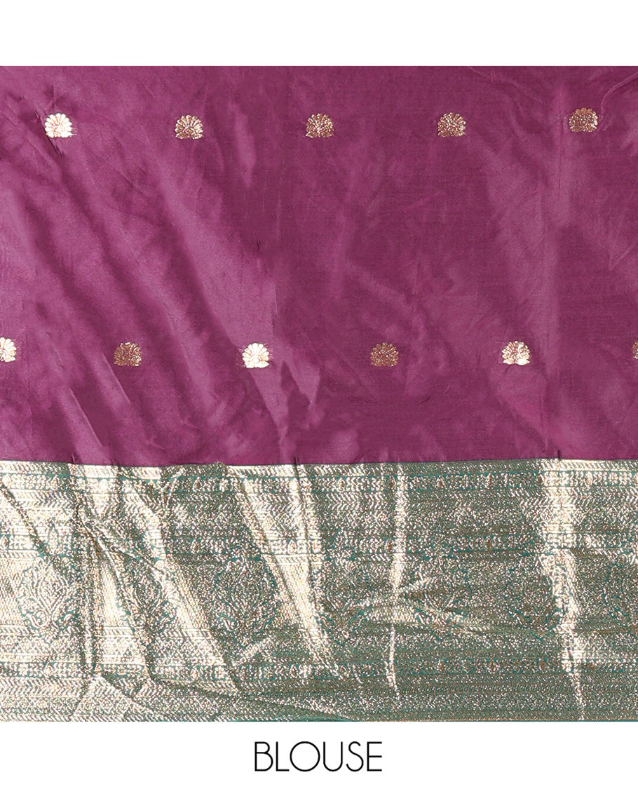 Purple-Green Semi-Banarasi Half-Saree Features Buttas Skirt, Contrast Traditional Border, Matching Blouse, and Embroidered Satin Georgette Dhavani