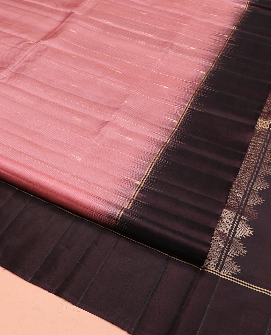 Pink Kanchipuram Silk Saree, Sparsely Threaded with Stripes and Muniya Buttas, Complemented by Contrast Border, Zari-Checked Pallu, and Contrast Blouse
