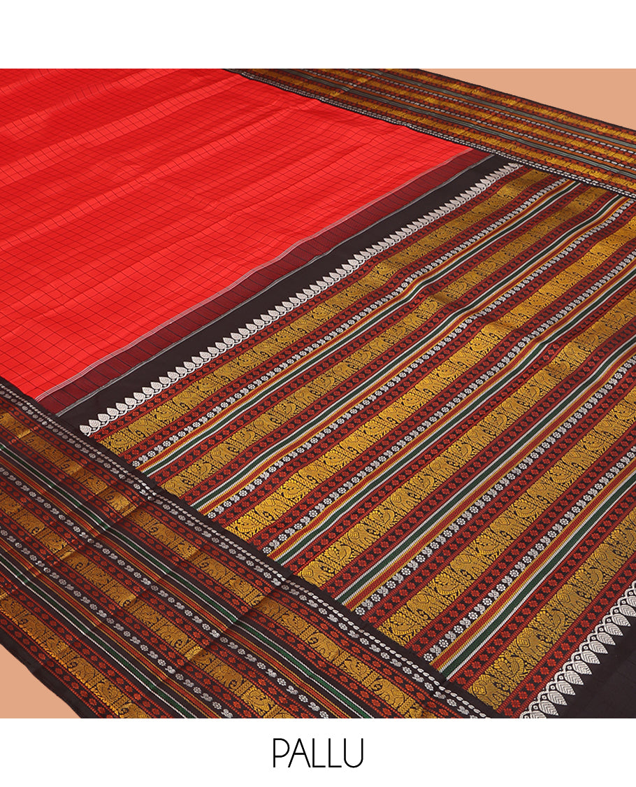 Red Kanchipuram Silk Saree, Woven with Checks, Complemented by a Contrast Korvai Border of Manga, Mayil, Kamalam, Yaanai, and Mayil Kann, Traditional Pallu, and a Contrast Blouse