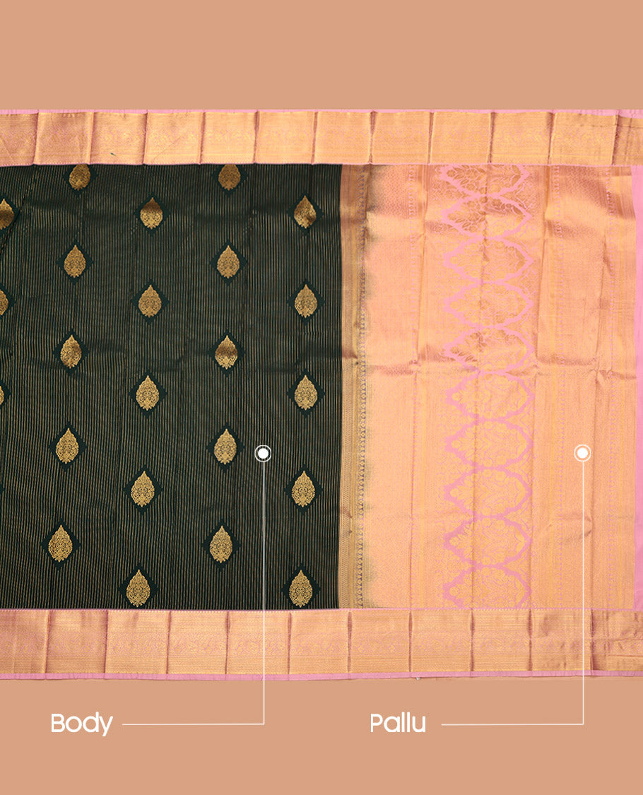 Green Budget Silk Saree, Detailed with Zari Buttas and Stripes, a Contrast Traditional Zari Border, Intricate Pallu, and a Contrast Blouse