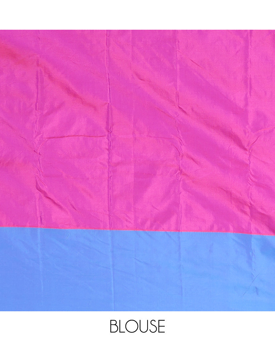 Pink Aarani Silk Saree, Woven with Buttas on Its Body, Complemented by a Contrast Checked Border, Pallu of Stripes and Buttas, and Paired with a Matching Blouse