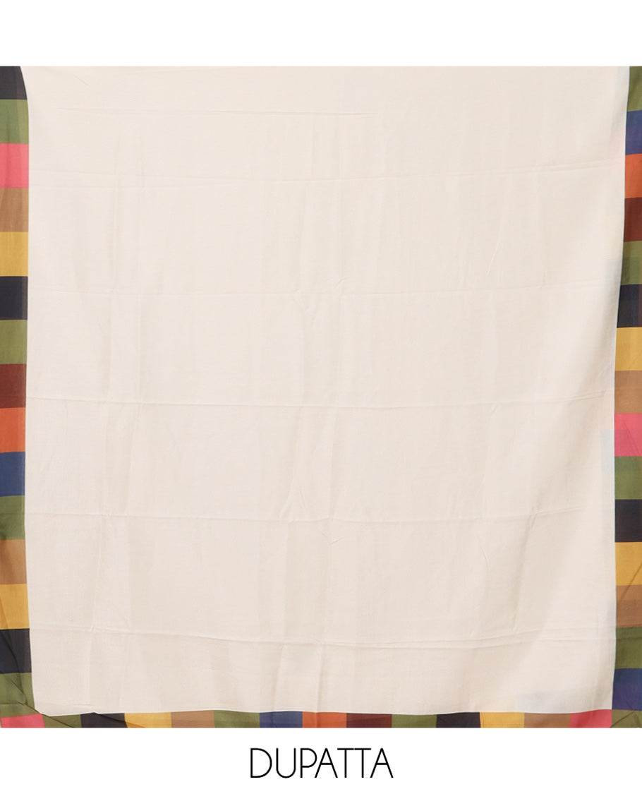 Cream Semi-Silk Material Churidar, Embellished with Multi-Color Checked Top, a Plain Bottom, a Checked Bordered Plain Dupatta