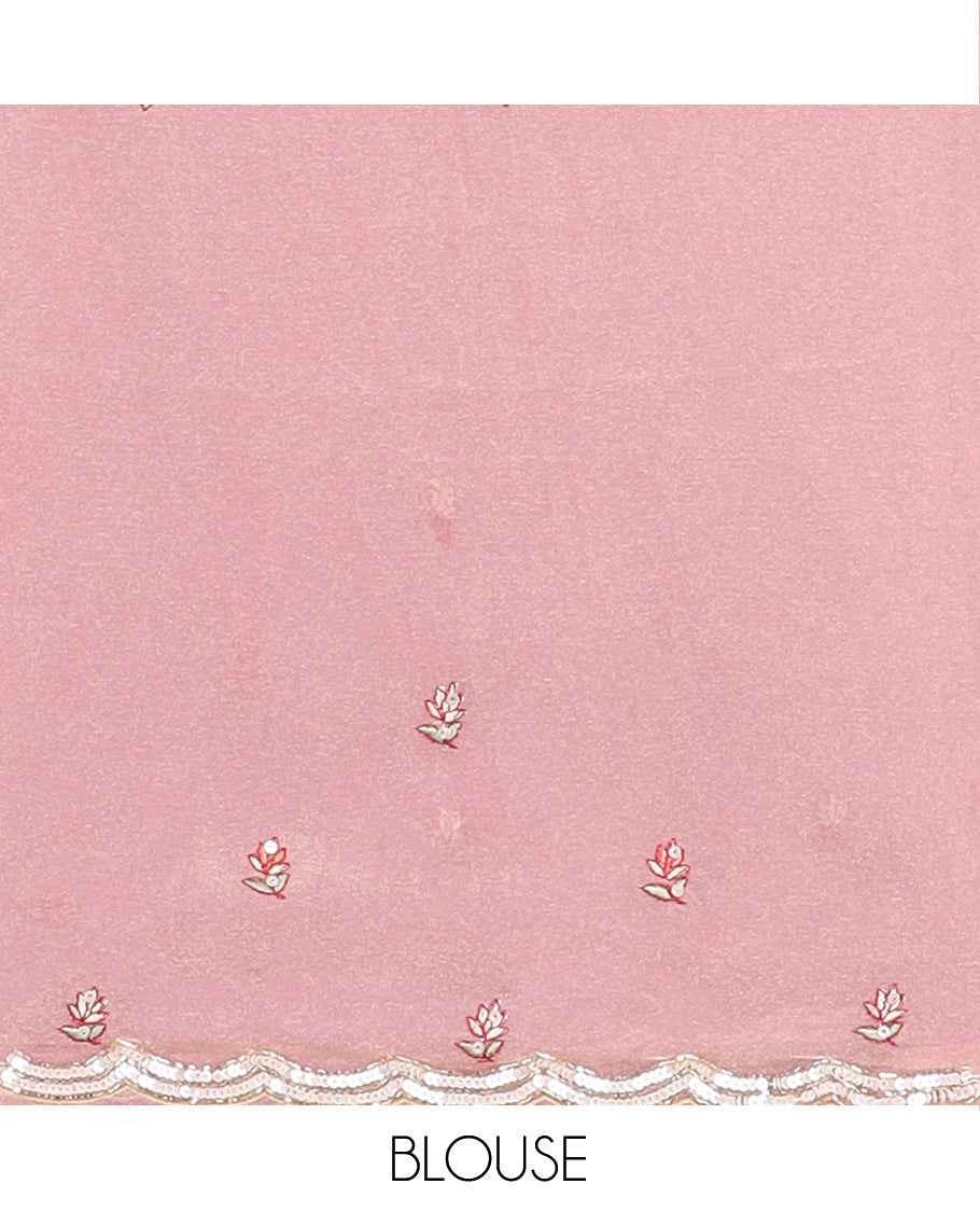 Pink deer motifs embroidered designer saree, scallop sequins embroidered border