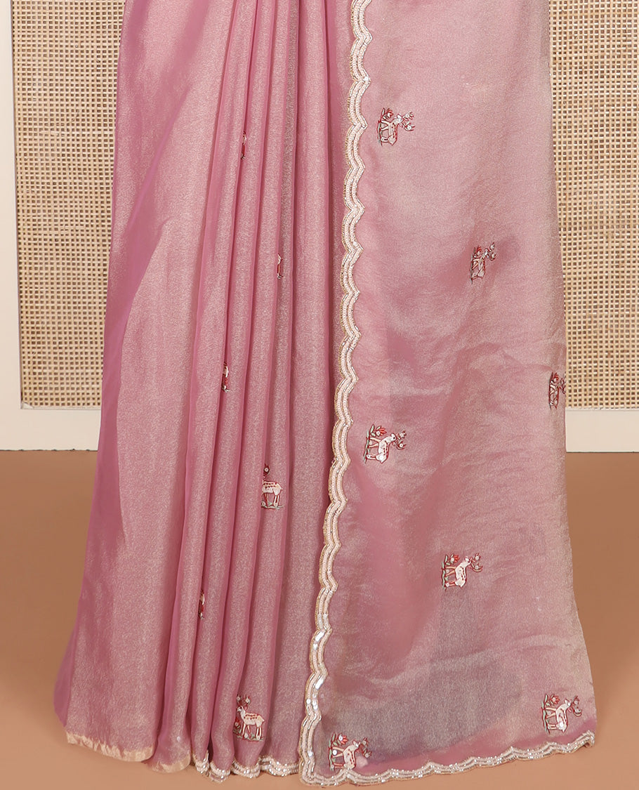 Pink deer motifs embroidered designer saree, scallop sequins embroidered border