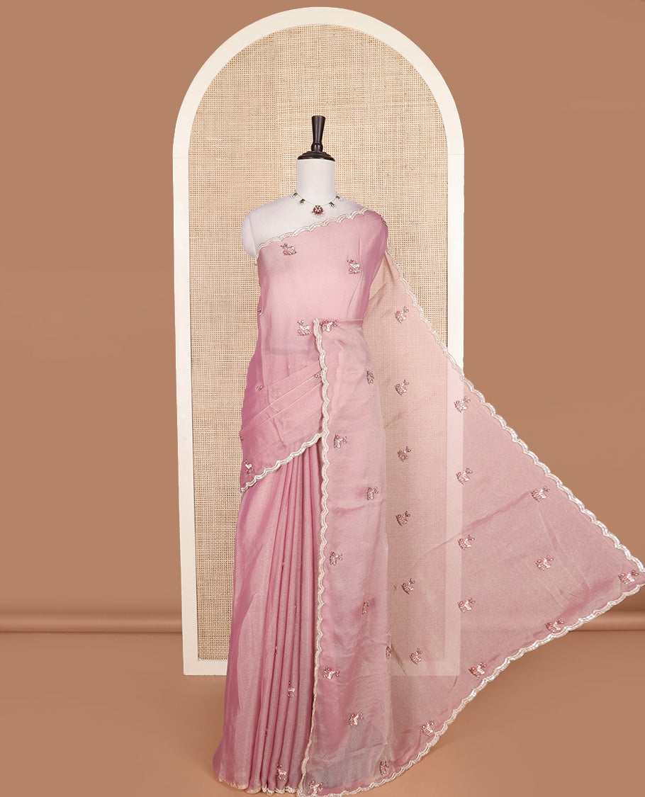 Pink deer motifs embroidered designer saree, scallop sequins embroidered border