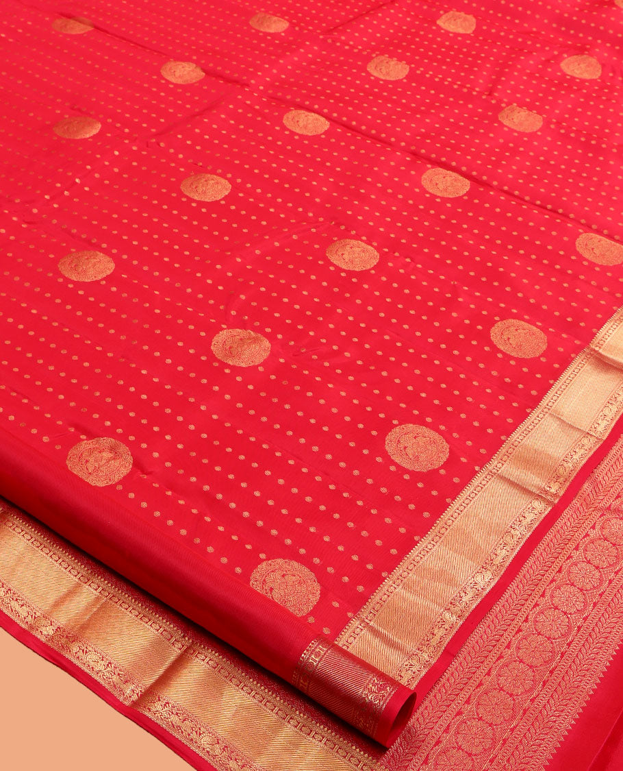 Red Vasundhara Lite Silk Mix Saree, Sparsely Woven with Zari Buttas, a Zari Border of Thilakam Mokku, Neli, Rudraksham, Mayil, and Yaali Designs, Grand Pallu, and a Matching Blouse