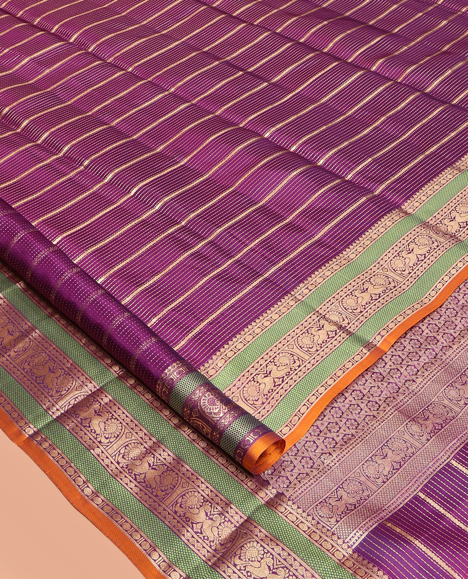 Purple Striped Vasundhara Lite Silk Mix Saree, a Semi-Contrast Rudraksham-Mayil Border, a Matching Blouse