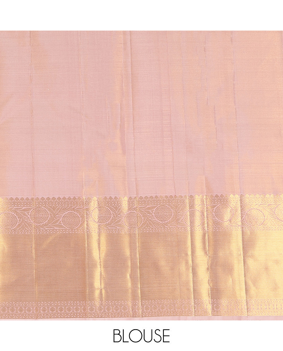 Rose Gold Kanchipuram Silk Saree, Delicately Woven with Floral Buttas All Over Its Body, Highlighted by Zari Border of Thilakam Mokku, Neli, Poun, and Kodi Visiry Designs, Gleaming Pallu, and Paired with a Matching Blouse
