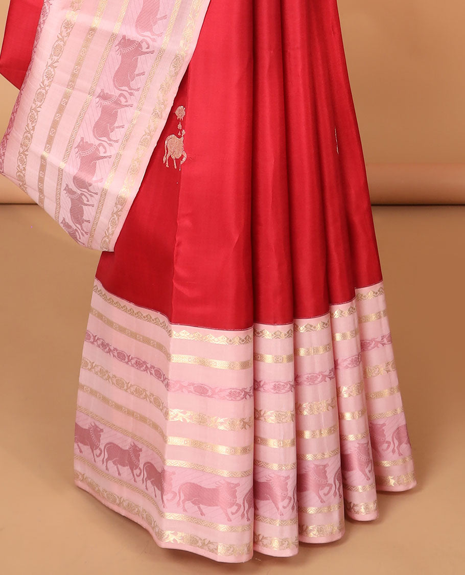 Red pichwai buttas kancheepuram silk saree with contrast korvai intricate zari design border & floral, pichwai zari design pallu