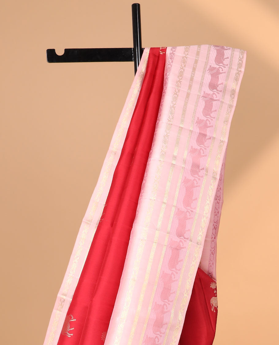 Red pichwai buttas kancheepuram silk saree with contrast korvai intricate zari design border & floral, pichwai zari design pallu