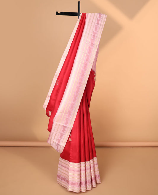 Red pichwai buttas kancheepuram silk saree with contrast korvai intricate zari design border & floral, pichwai zari design pallu