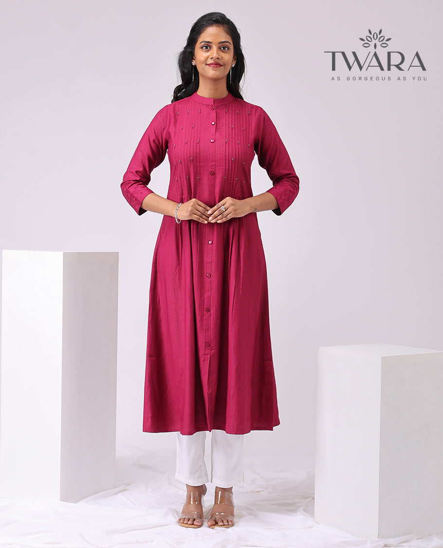 Twara Maroon embroidered motifs chinese neck, 3/4 th sleeve , bleow knee lenght kurti