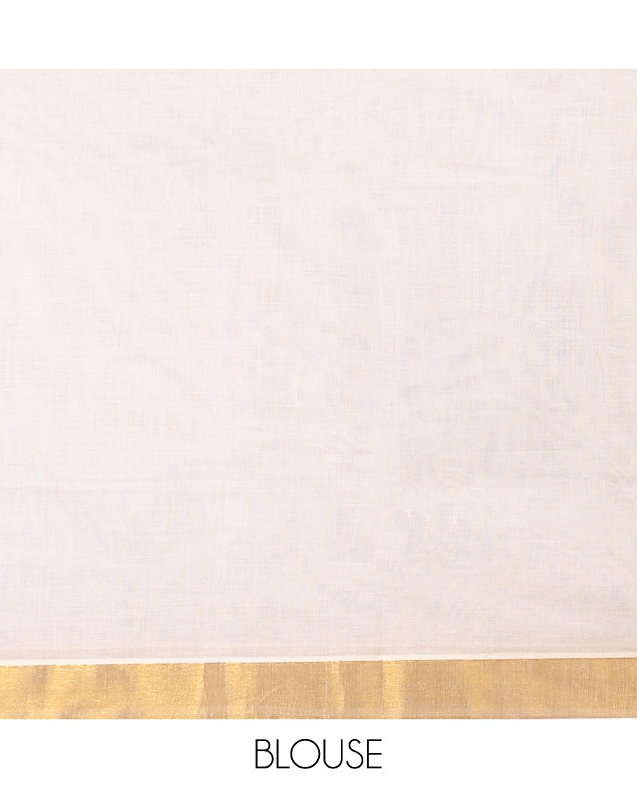 Cream kerala saree with zari stripes, zari border & pallu of floral designs
