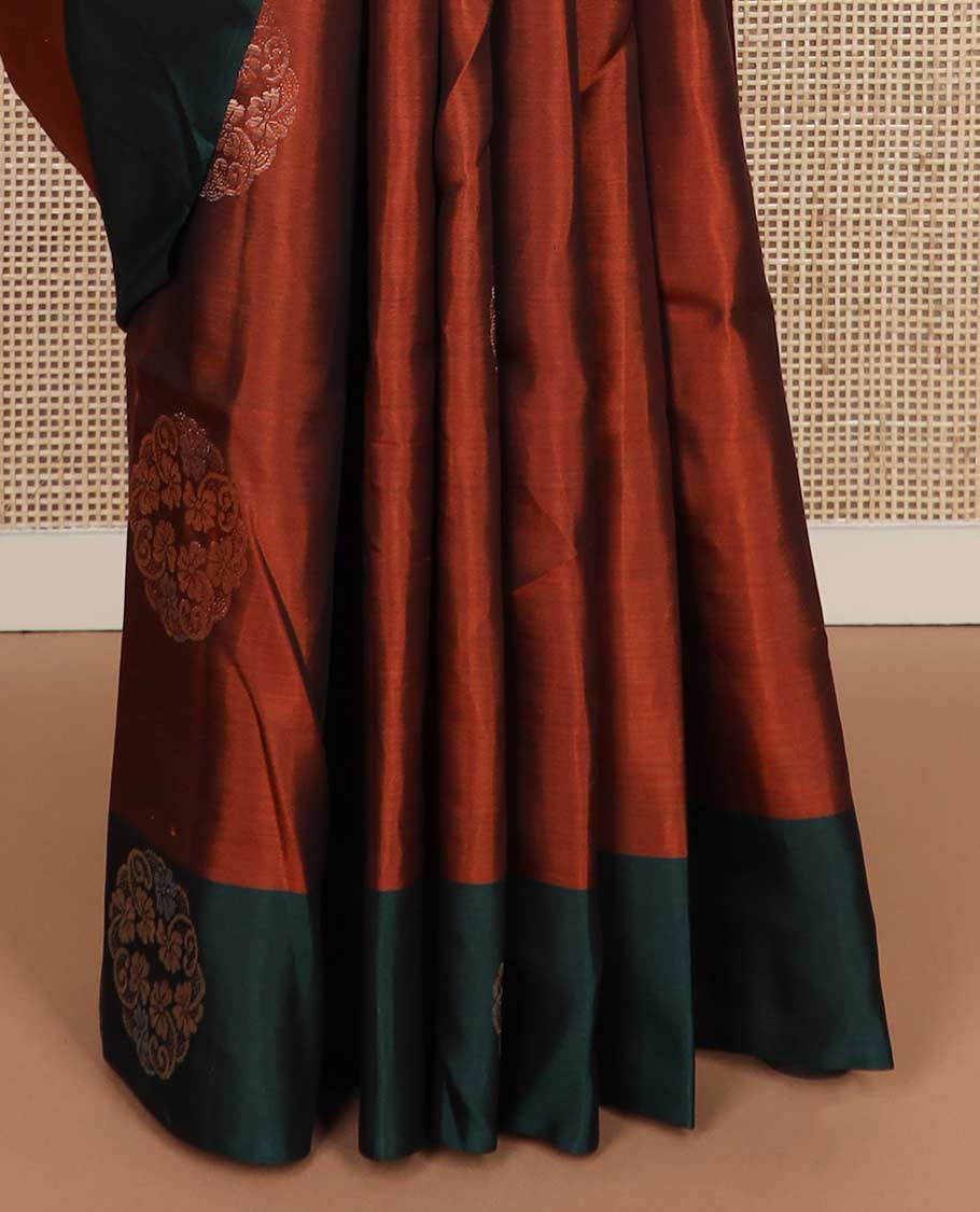 Rust circular-shaped zari buttas silk mix saree, contrast circular-shaped buttas border & geometric patterned pallu