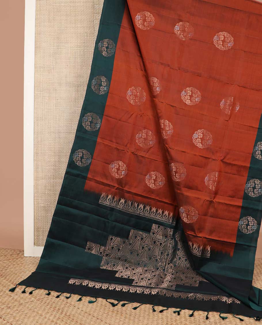 Rust circular-shaped zari buttas silk mix saree, contrast circular-shaped buttas border & geometric patterned pallu