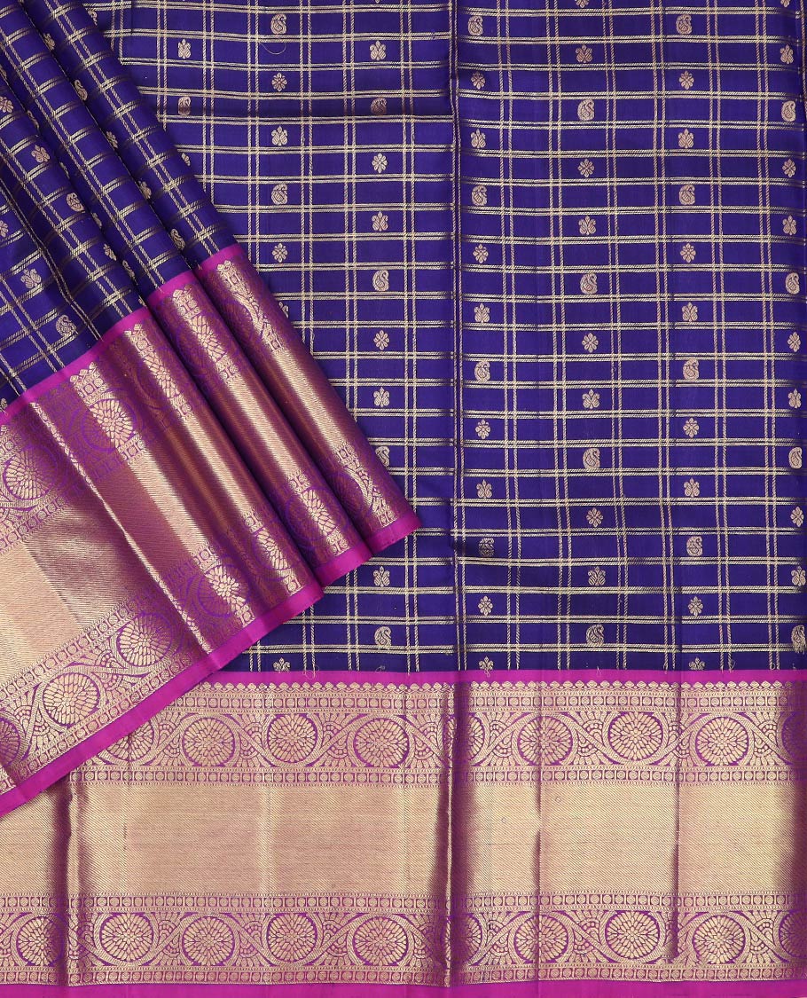 Blue pure-silk half-saree, zari butta enclosed checked with contrast dhavana kodi bordered skirt, contrast zari design blouse, and floral scallop design dhavani
