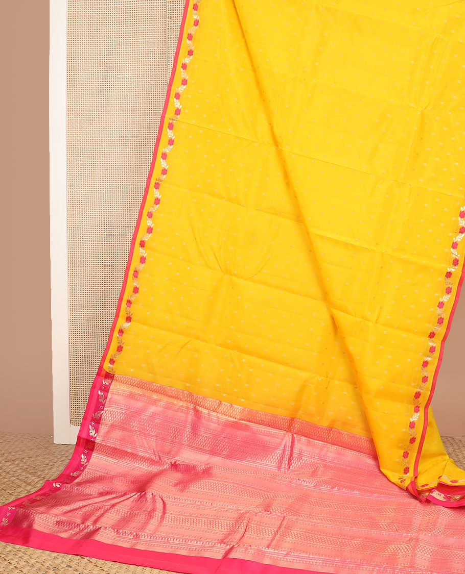 Yellow zari buttas vasundhara silk mix saree, meenakari floral creeper border & contrast pallu of rudraksham,neli,vanki & then kuli kann