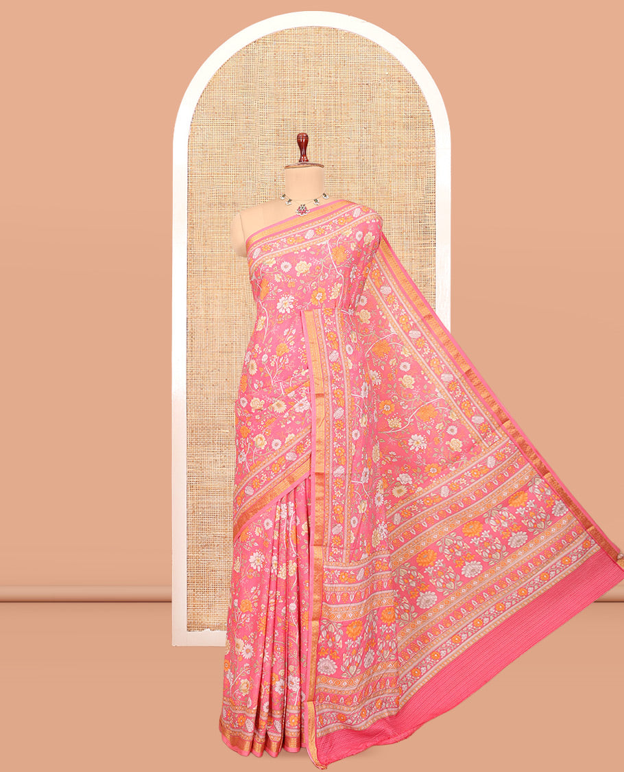 Pink Printed Silk Saree, Prettified with Floral-Vine Print, a Traditional Border, Floral Pallu, Matching Blouse