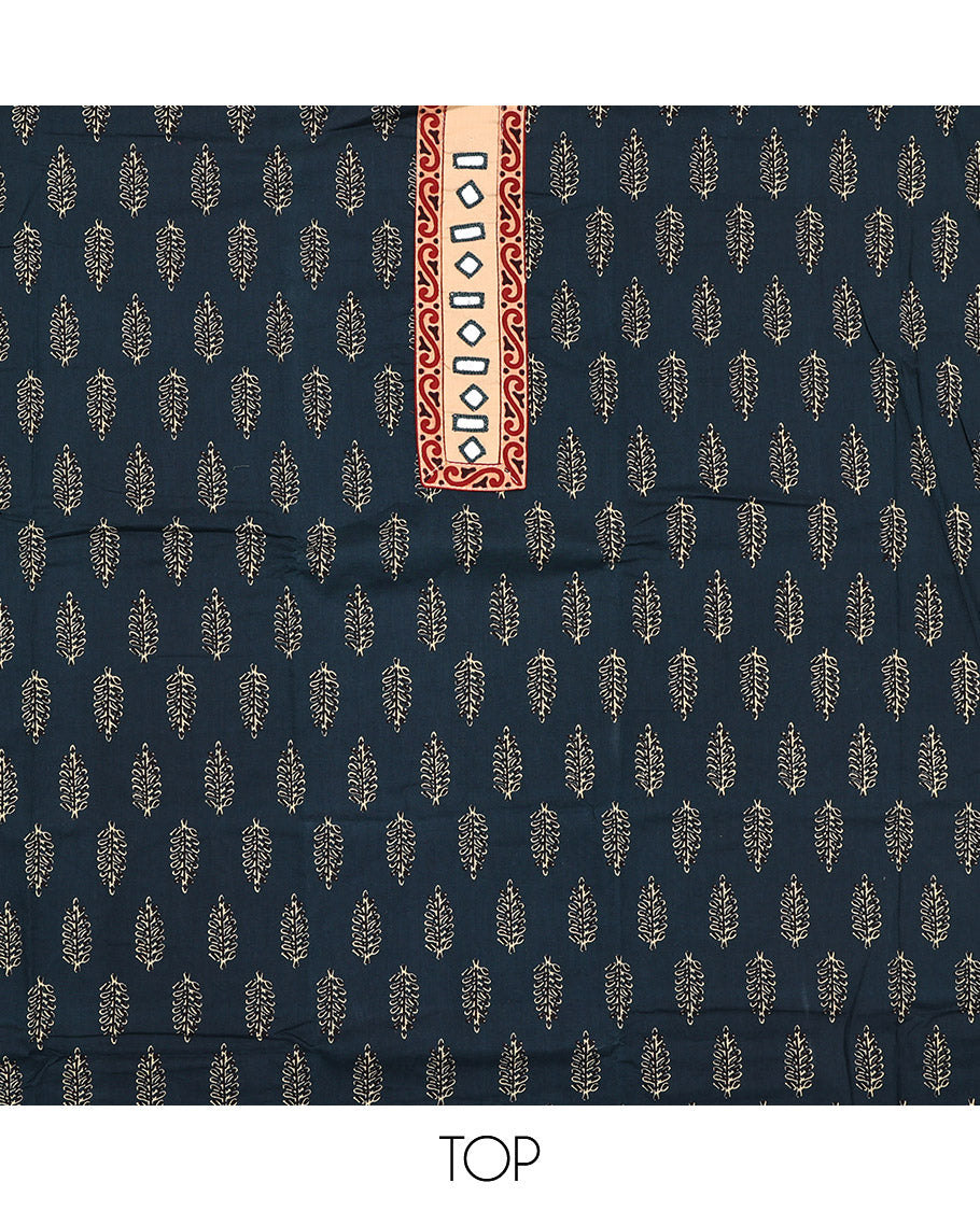 Blue Cotton Material Chudidar Set, Decorated with Unique Motifs Block Printed on Its Cotton Top, a Plain Cotton Bottom, and Paired with an Intricately Block Printed Cotton Dupatta