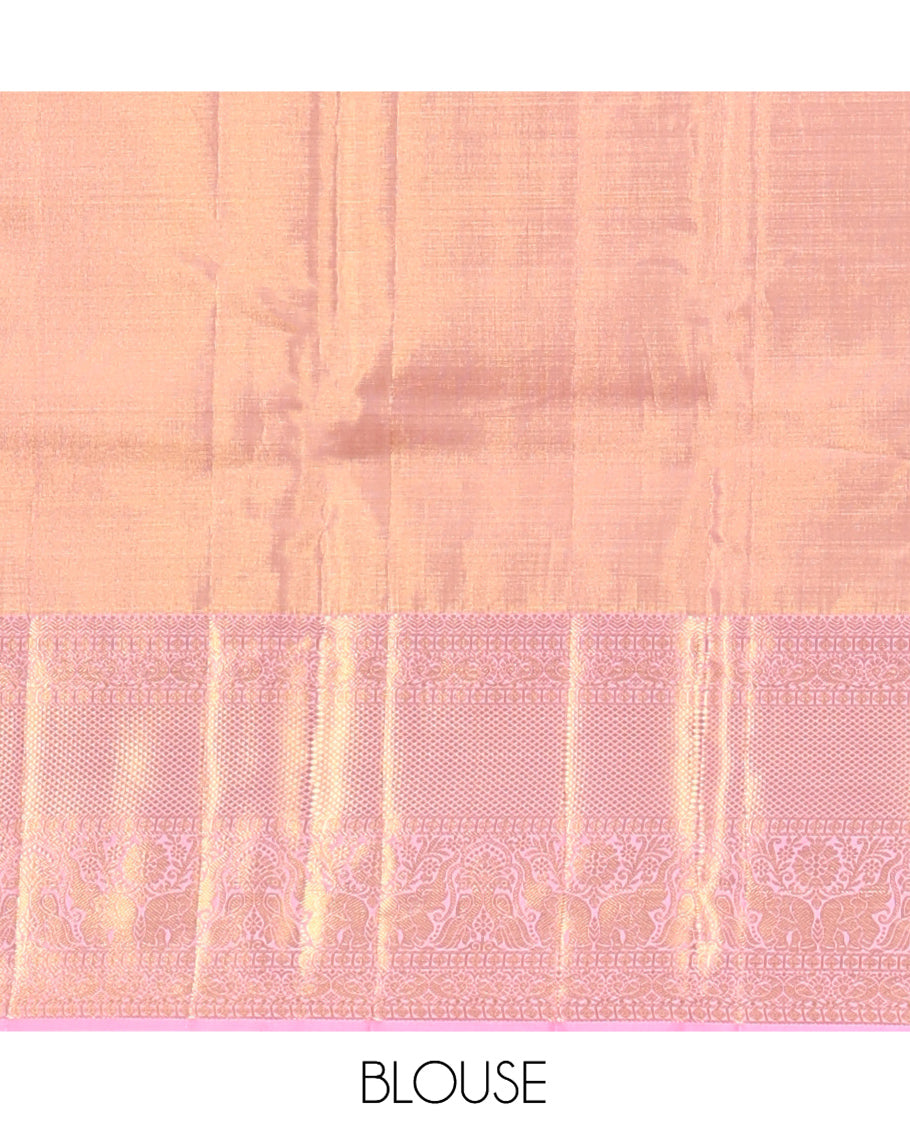Peach Kanchipuram Tissue Silk Saree, Majestically Detailed with Jacquard Design, a Contrast Border of Neli, Poun, Mayil, Mayil Kann, and Yaanai, Jaal Pallu, and Contrast Blouse