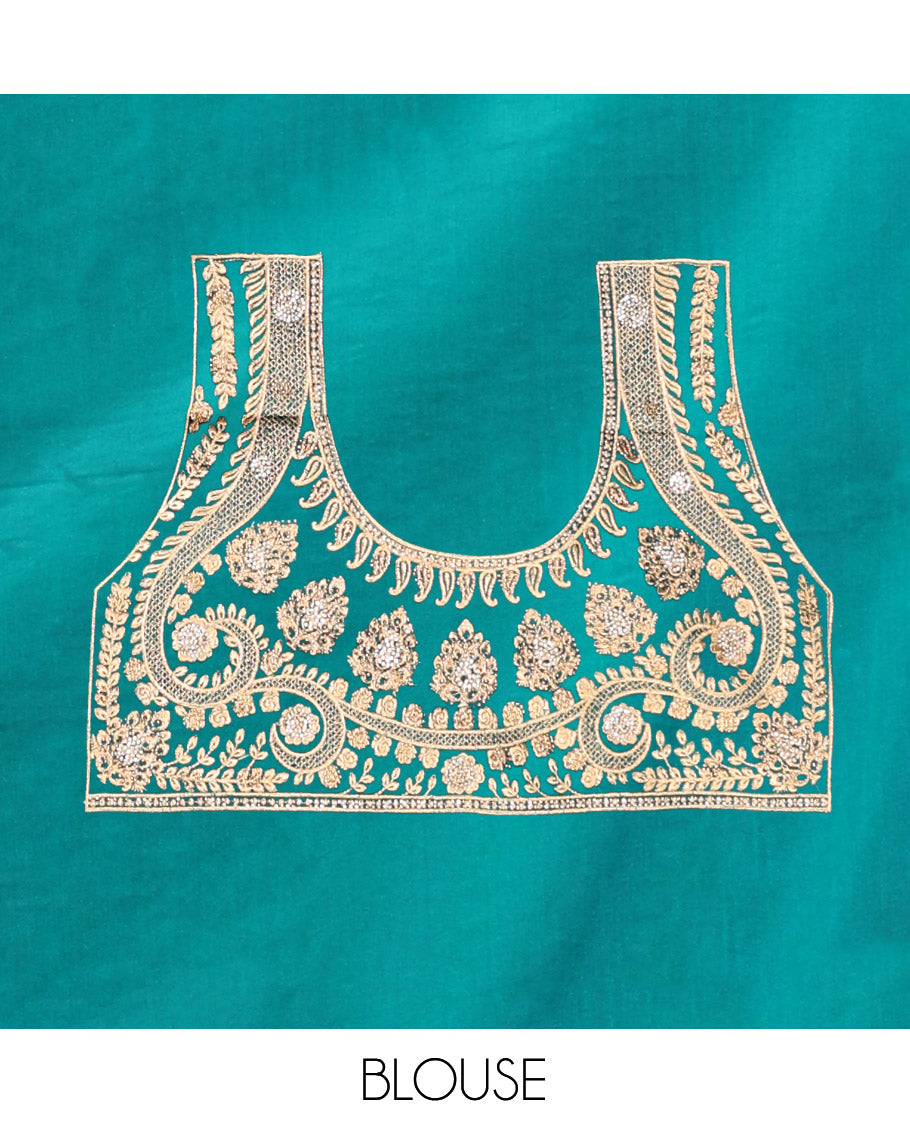Green Banarasi Satin Saree, Bedecked with Floral Jaal Jacquard, a Floral Creeper Border, Intricate Stonework Pallu, and a Matching Blouse