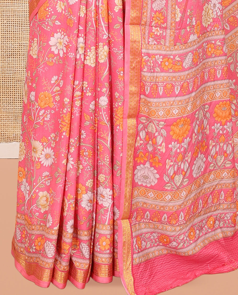 Pink Printed Silk Saree, Prettified with Floral-Vine Print, a Traditional Border, Floral Pallu, Matching Blouse