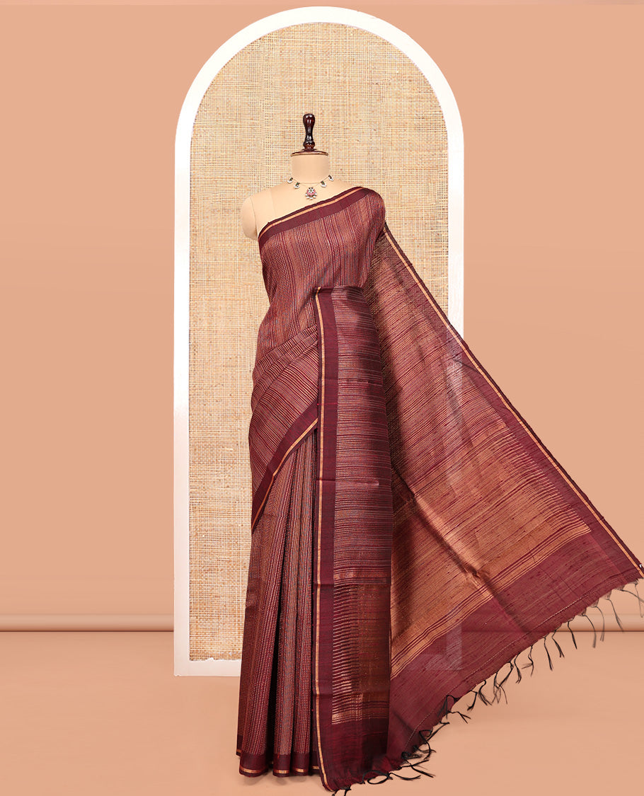 Brown Dupion Silk Saree, Steeped in Richness of Stripes, a Self-Border, Gleaming Zari Temple Pallu, and a Matching Blouse