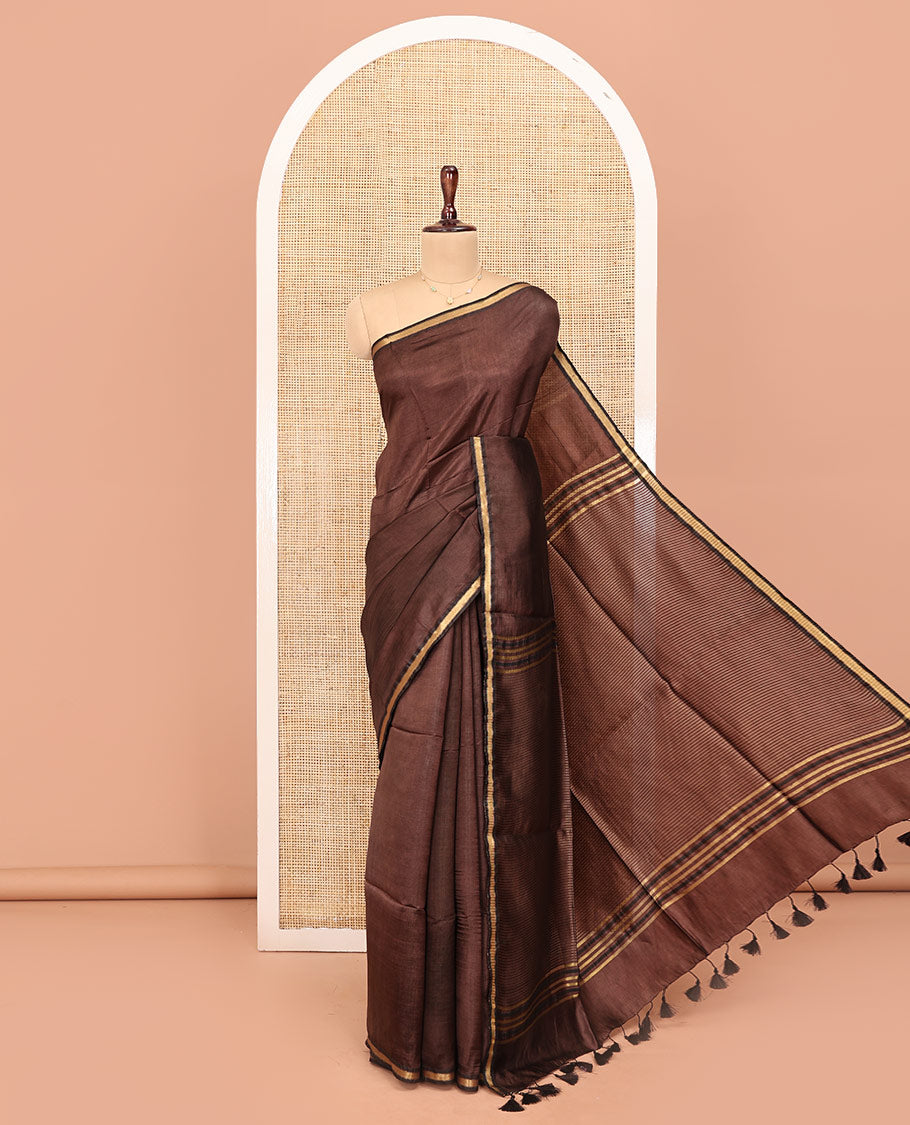Brown Plain Banana Pith Saree, Subtle Piping Border, Pallu Steeped with Stripes, and Paired with a Matching Blouse