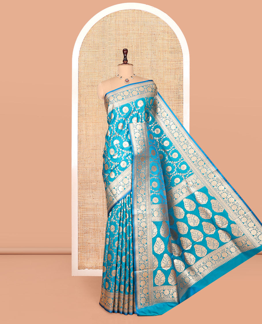 Blue Banarasi Nylon Saree, Finely Crafted with Jaal Jacquard, Floral Creeper Zari Border, Intricate Pallu, and a Matching Blouse