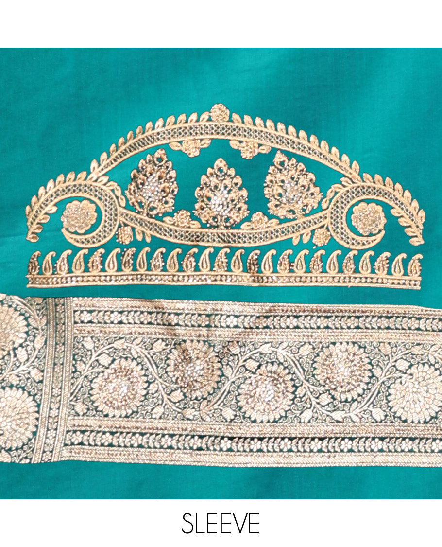 Green Banarasi Satin Saree, Bedecked with Floral Jaal Jacquard, a Floral Creeper Border, Intricate Stonework Pallu, and a Matching Blouse