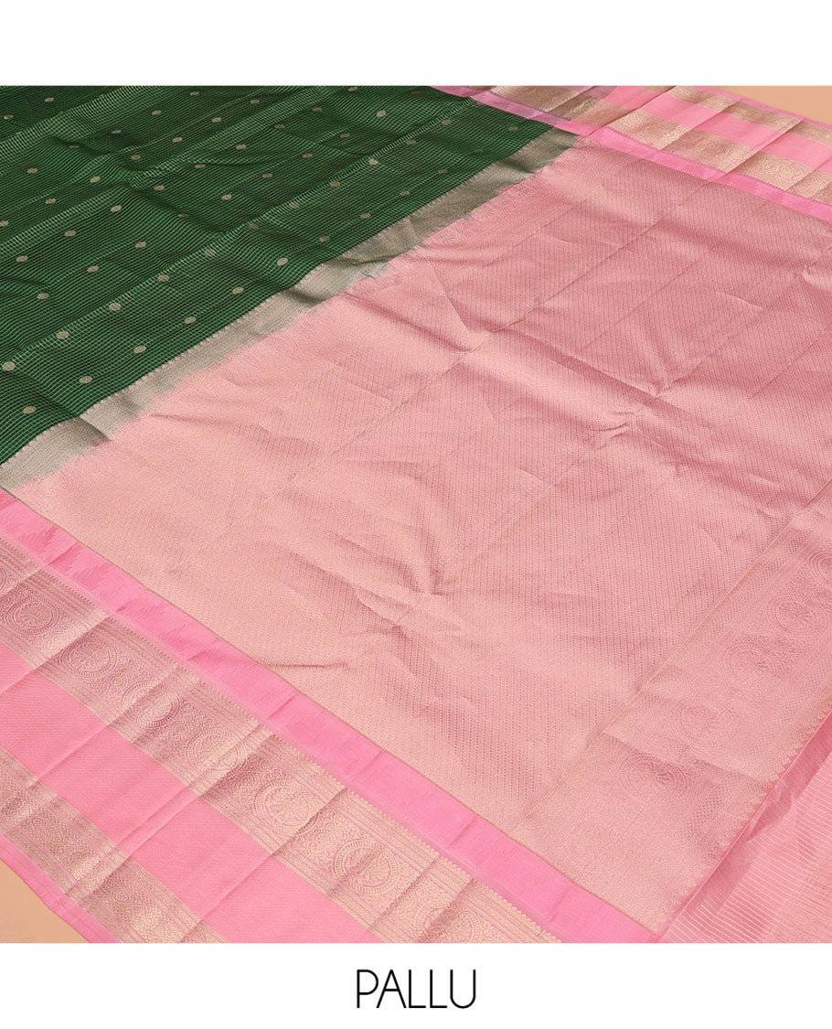 Green Vasundhara Silk Saree, Woven with Zari Buttas and Checks, a Contrast Thazampoo Rekku Border of Chakram Designs, Grand Pallu, and a Contrast Blouse