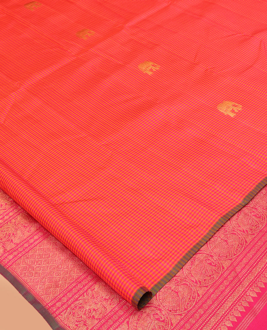 Borderless Orange-Pink Kasa-Kasa Checked Kanchipuram Silk Saree Adorned with Yaanai Buttas, Grand Pallu, and a Matching Blouse