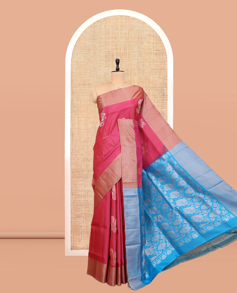Pink Uppada Saree, Spotlighted with Hibiscus Floral Buttas, a Bavanji Border, Contrast Intricate Pallu, and a Contrast Blouse